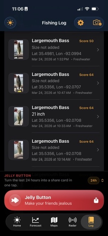 BobberX fishing log screen showing recent catches and the Jelly Button feature.