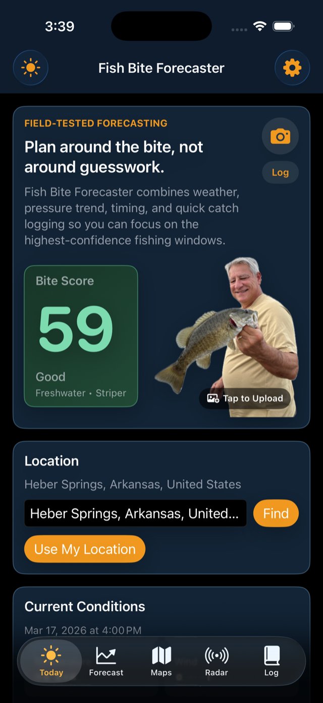 BobberX home screen with bite score, location search, and current conditions.