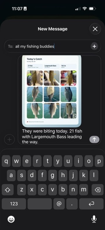BobberX Jelly Button share screen preparing a message with a catch collage.