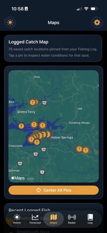 BobberX maps screen showing logged catch pins across the lake area.