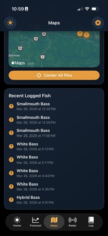 BobberX maps screen showing recent logged fish entries below the catch map.
