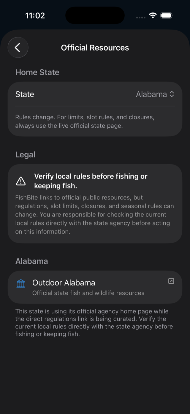 BobberX official resources screen for Alabama fishing resources.