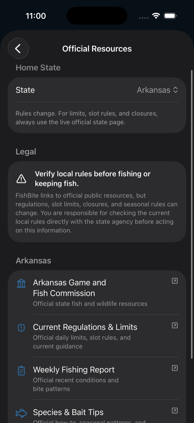 BobberX official resources screen for Arkansas fishing regulations and resources.