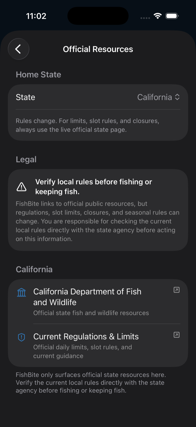 BobberX official resources screen for California fishing regulations and resources.