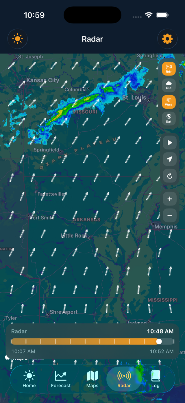 BobberX radar screen with live map layers and controls.
