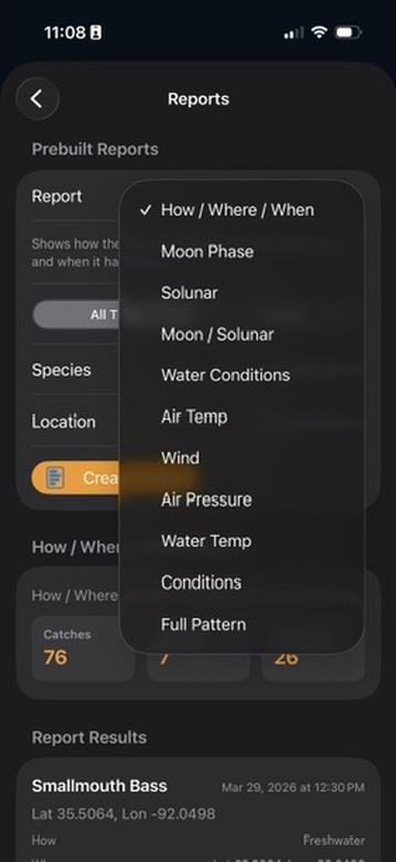 BobberX reports screen with report options and catch pattern summaries.