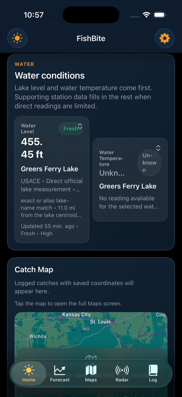 BobberX water conditions screen with water level, water temperature, and catch map.